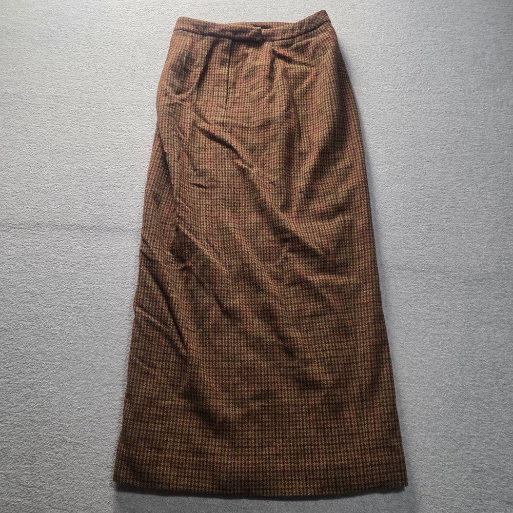Lauren Ralph Lauren Wool Maxi Skirt Womens 8 Brown PlaidCheck Academia Back Slit